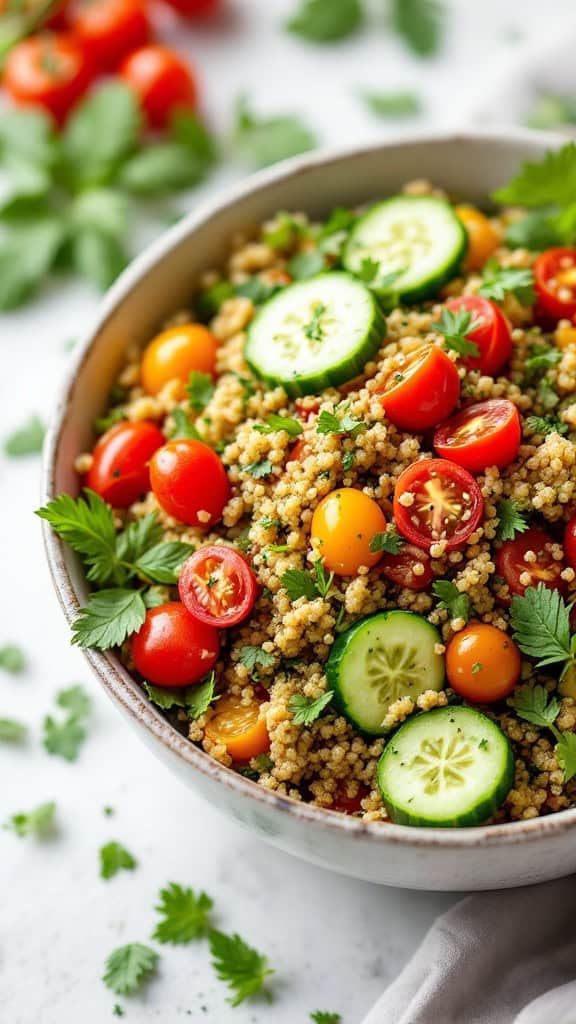 A bowl of herbed quinoa salad with cherry tomatoes and cucumbers, garnished with fresh herbs.