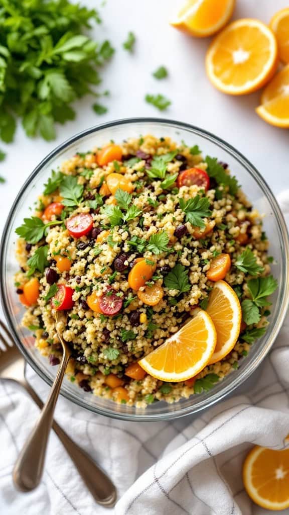 A bowl of herbed quinoa salad with citrus dressing, featuring colorful cherry tomatoes and fresh herbs.