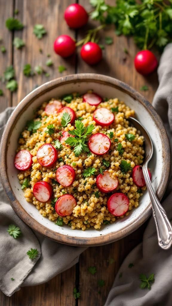A bowl of herbed quinoa topped with sliced radishes and fresh herbs.
