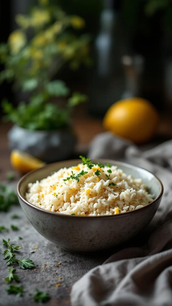 A bowl of herbed rice with lemon zest, garnished with fresh herbs.