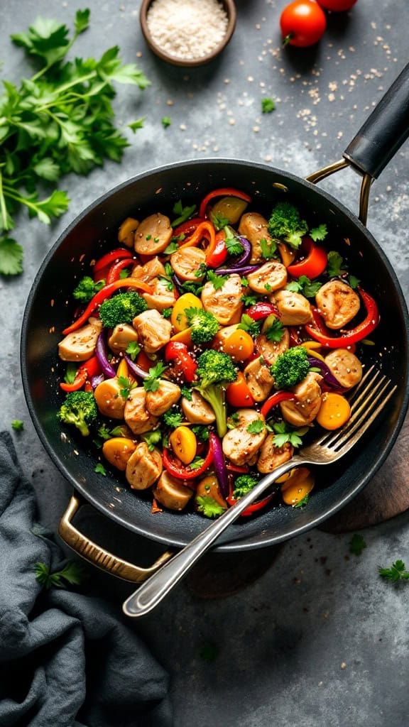 A vibrant stir-fry with turkey, broccoli, bell peppers, and cherry tomatoes in a black pan.