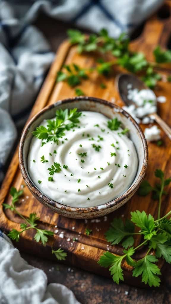 A bowl of creamy herbed yogurt dressing garnished with fresh herbs on a wooden board.