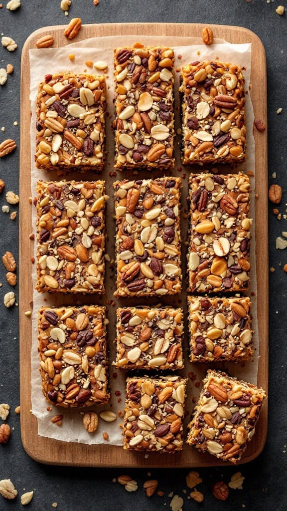 A wooden board with neatly cut homemade energy bars topped with various nuts and seeds.