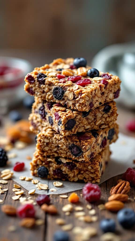 A stack of homemade granola bars with nuts and berries.