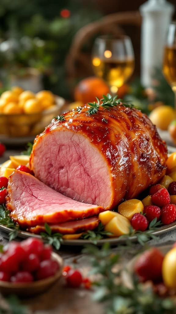 A beautifully glazed honey-baked ham garnished with fruits and herbs on a festive table.