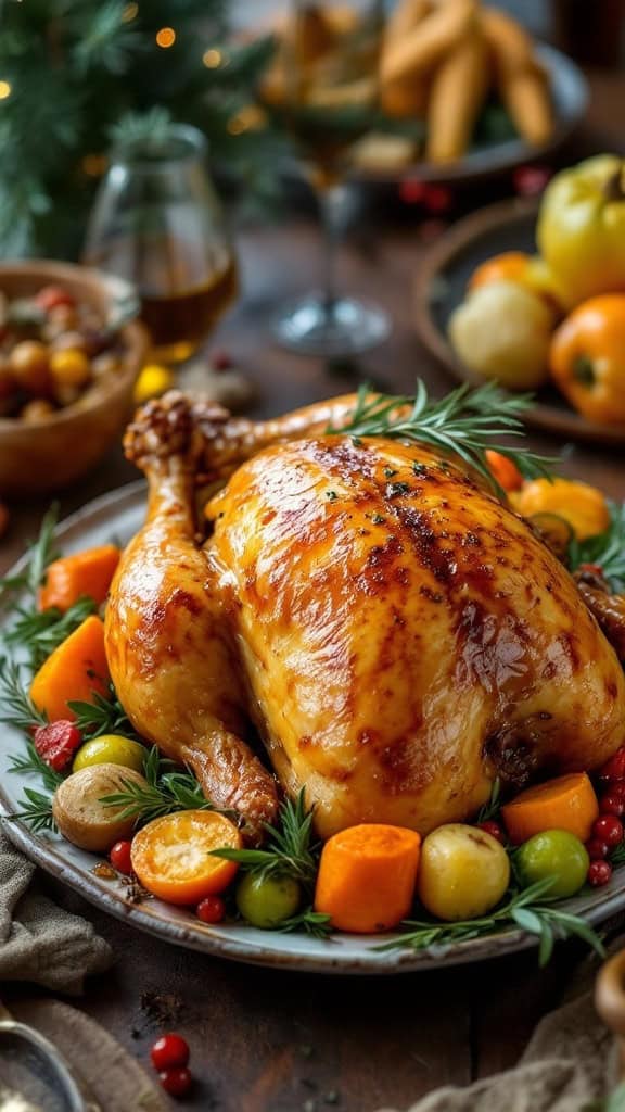 A beautifully roasted honey-glazed chicken surrounded by colorful vegetables on a plate.