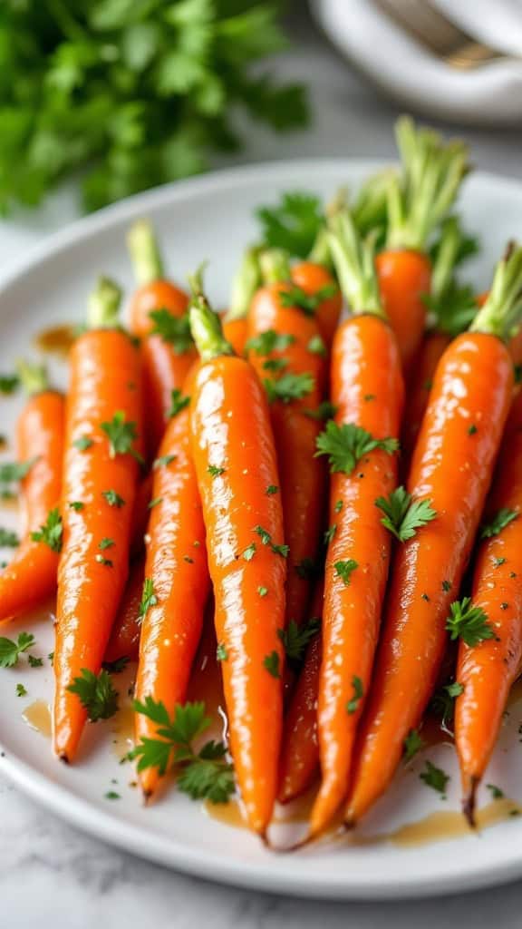 A plate of honey garlic glazed carrots garnished with fresh herbs.