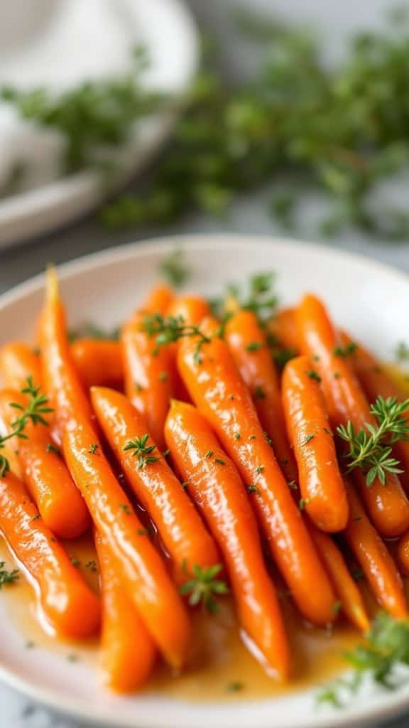 Plate of honey glazed carrots garnished with thyme