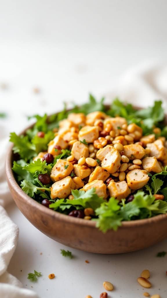A bowl of honey mustard chicken salad with chicken pieces, pine nuts, and greens.