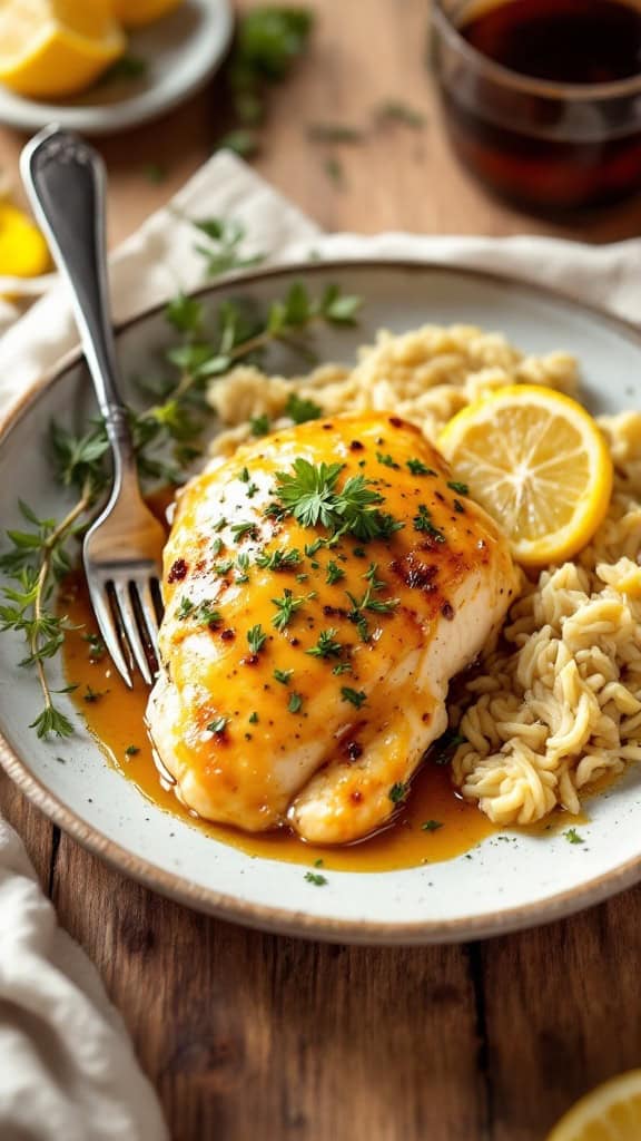 Honey Mustard Glazed Chicken with lemon slices and herbs on a plate