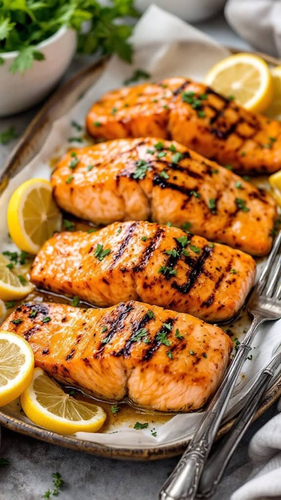 Grilled salmon fillets with honey mustard glaze and lemon slices