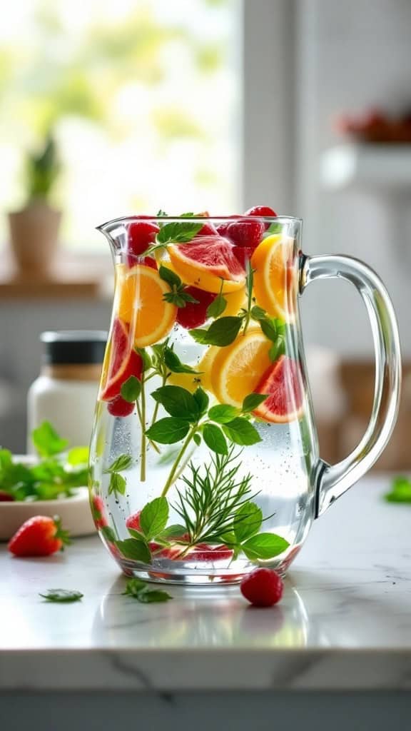 A pitcher filled with infused water, featuring slices of lemon, mint leaves, and berries.