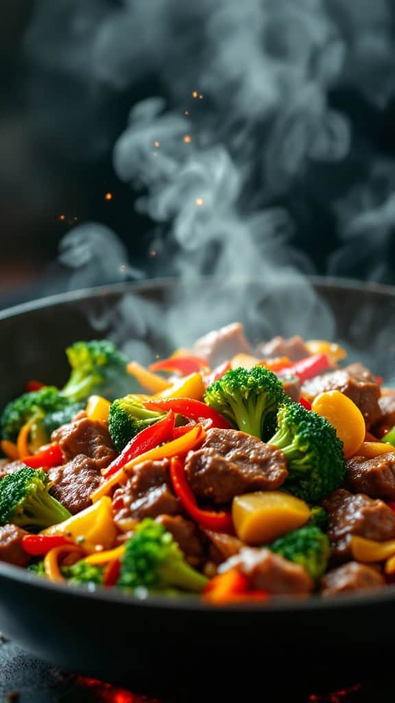 A colorful beef and broccoli stir-fry in a wok with steam and vibrant vegetables