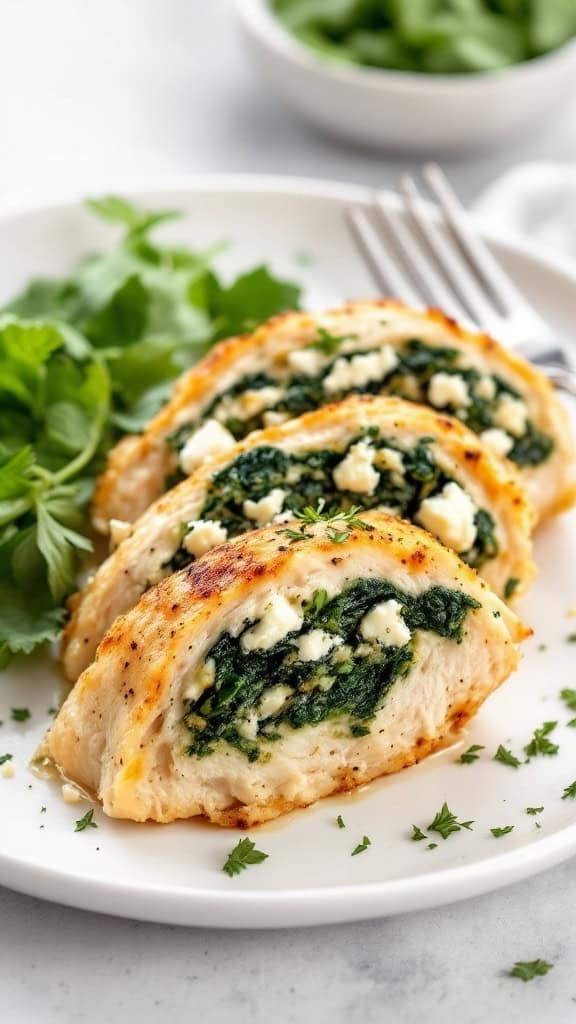 A stuffed chicken breast with spinach and feta on a white plate garnished with herbs