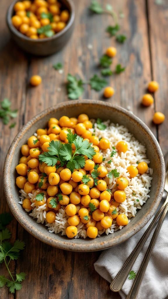 A bowl of coconut curry chickpeas with rice and cilantro on a wooden table