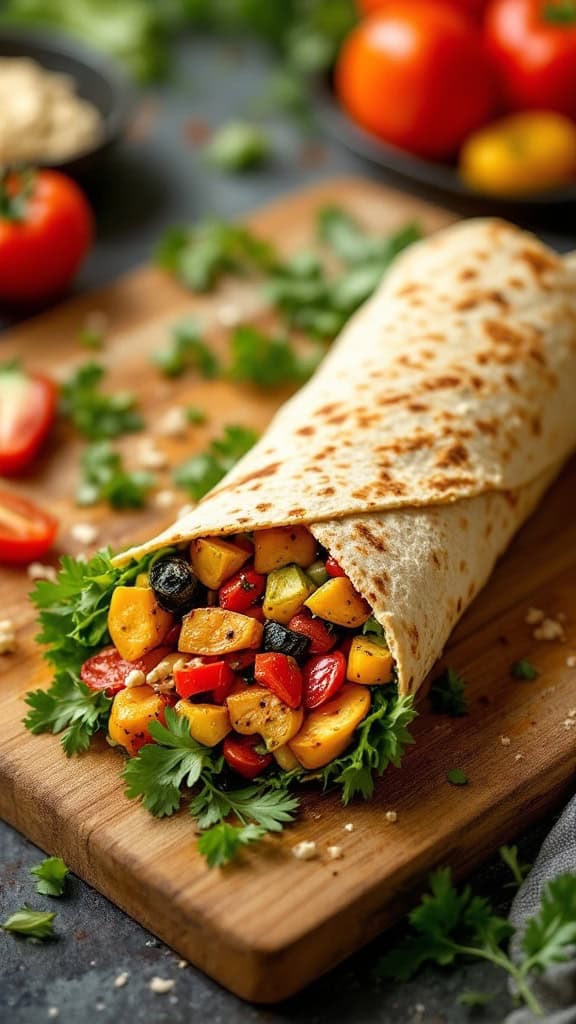 A roasted vegetable wrap spread with hummus on a cutting board, with fresh veggies around