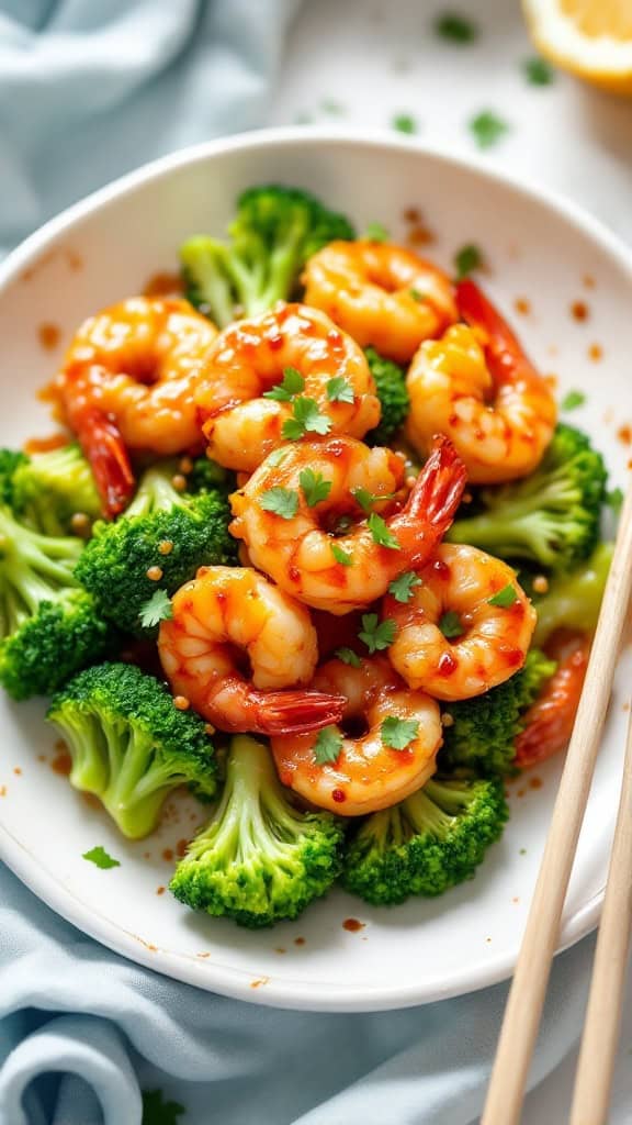 A honey garlic shrimp served over steamed broccoli on a white plate with chopsticks
