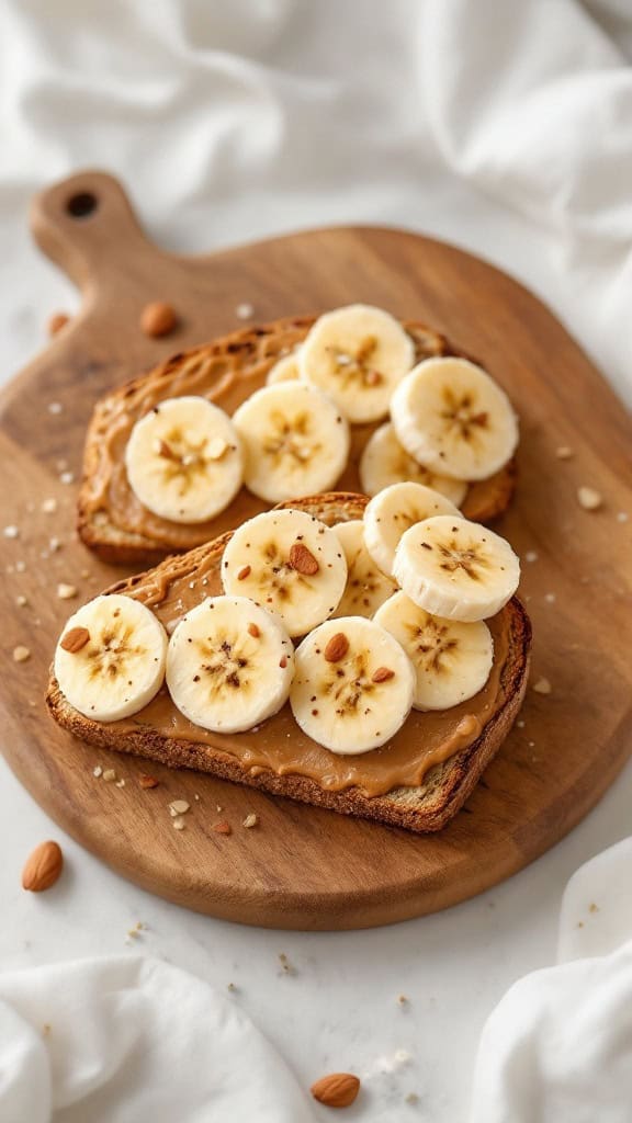 Slices of whole grain toast topped with almond butter and banana slices on a wooden board