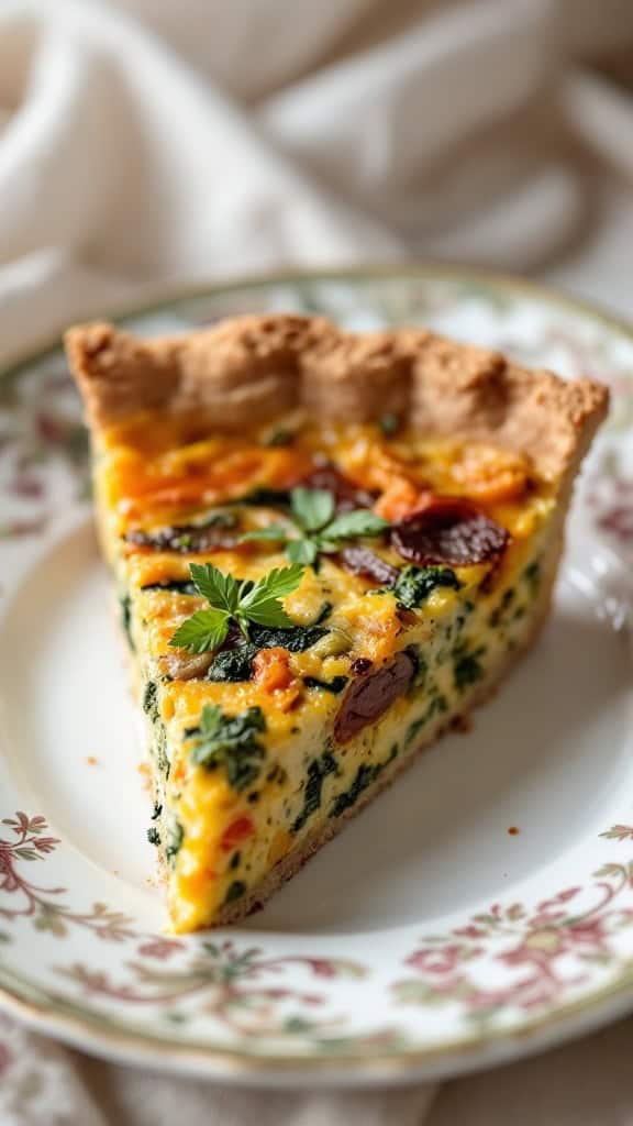 A slice of vegetable quiche with a whole wheat crust on a decorative plate