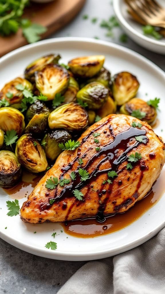 A balsamic-glazed chicken served with roasted Brussels sprouts on a white plate
