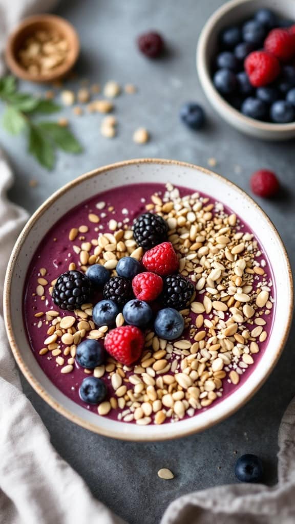 A berry smoothie bowl topped with nuts and seeds in a beautiful serving bowl