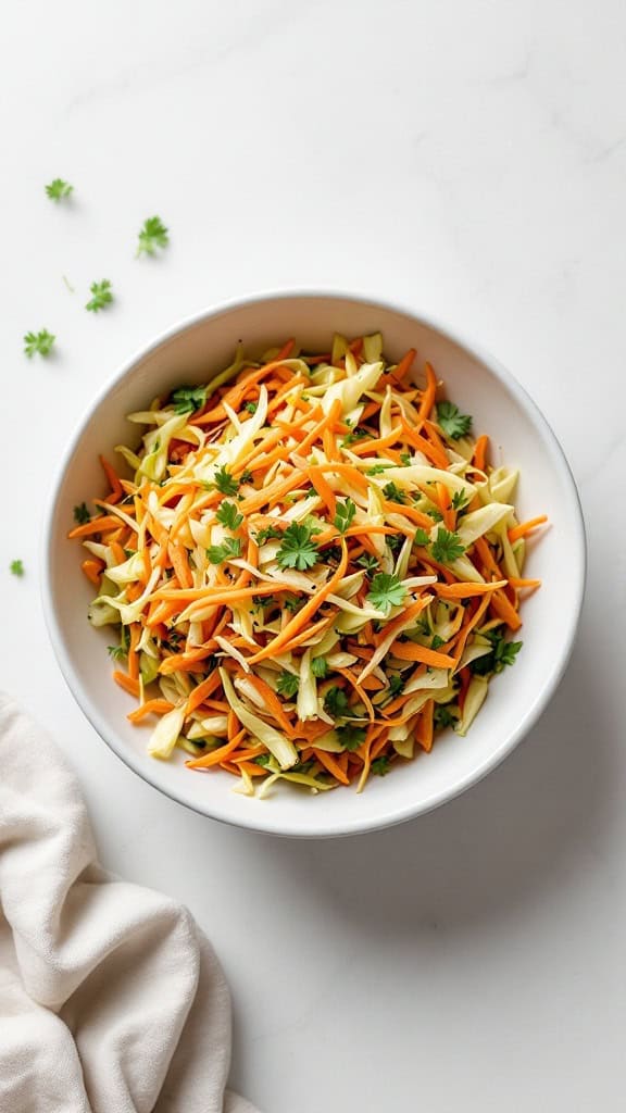 A fresh cabbage and carrot slaw in a bowl with a light vinaigrette dressing