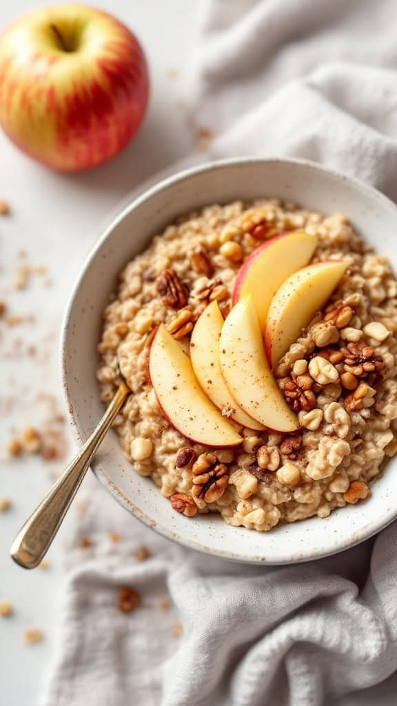 A warm bowl of apple cinnamon oatmeal topped with sliced apples and nuts