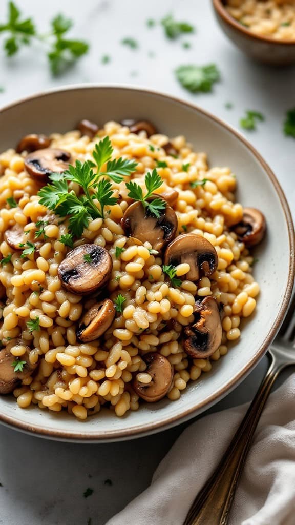 A creamy mushroom and barley risotto in a bowl garnished with fresh herbs