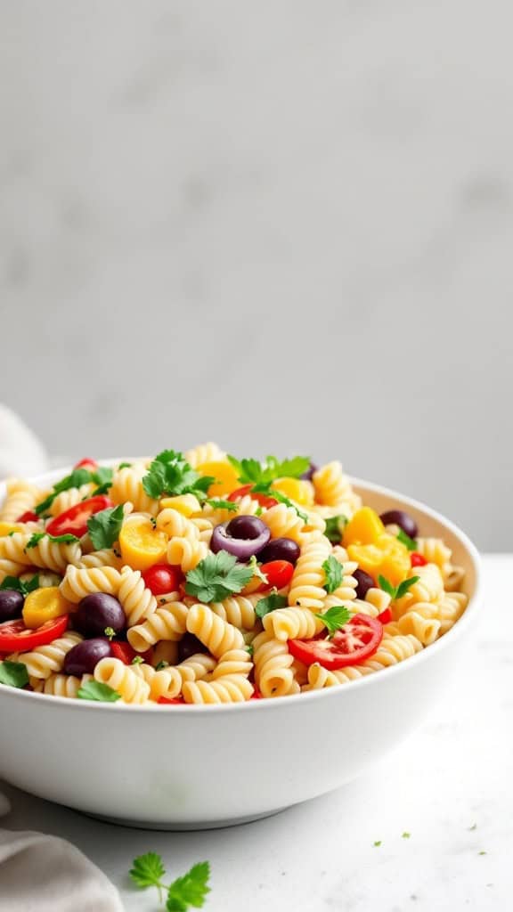 A large bowl of veggie-loaded pasta salad with a variety of colorful vegetables