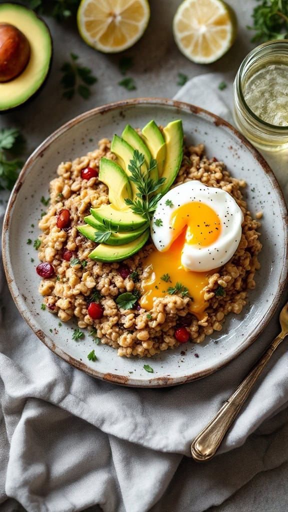 Savory oatmeal topped with a poached egg and sliced avocado on a rustic plate