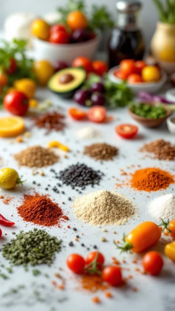 An array of spices and fresh ingredients on a table, showcasing various seasonings for healthy cooking.