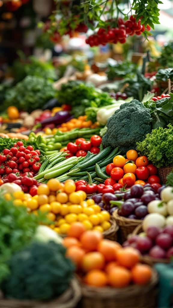 A vibrant display of fresh seasonal vegetables and fruits at a market.