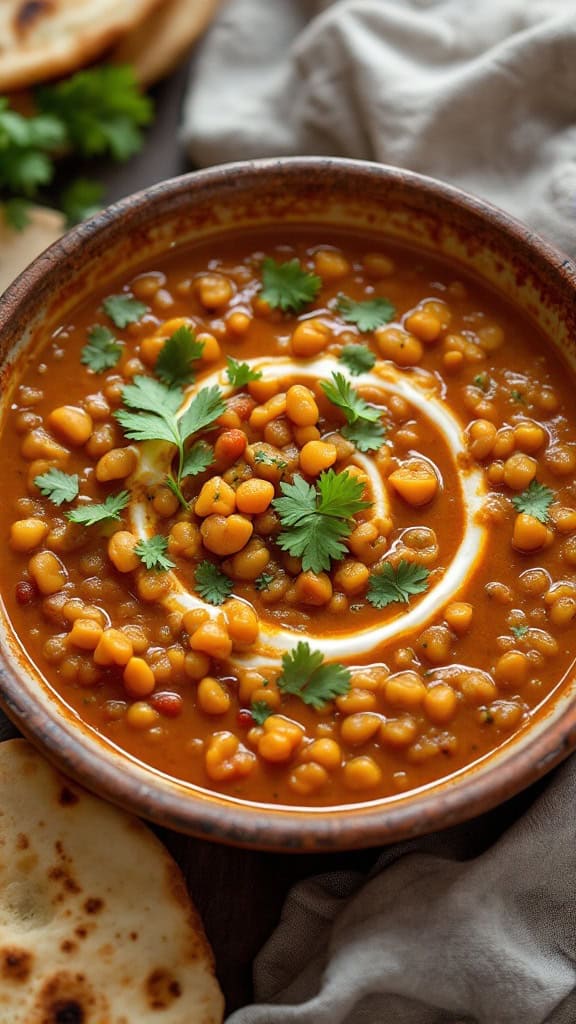 A bowl of Indian lentil dahl topped with cilantro and a swirl of cream, alongside naan bread.