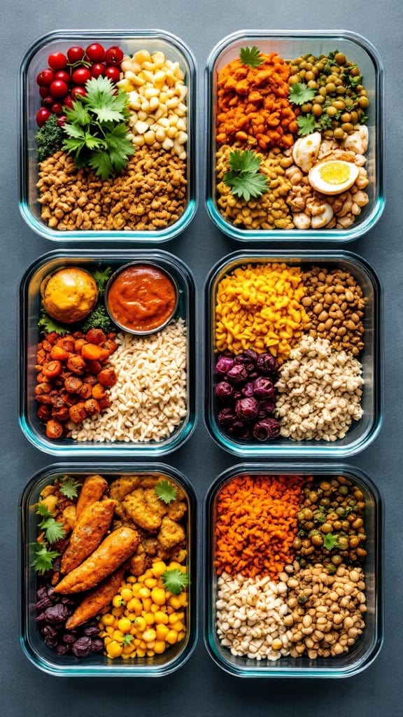 Colorful meal prep containers filled with various grains, vegetables, and spices.