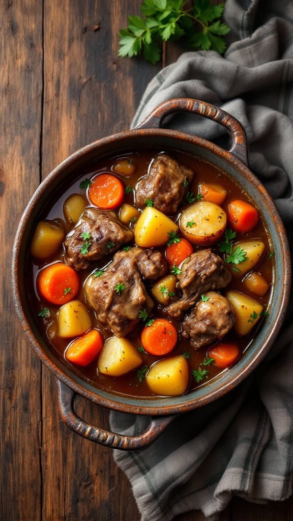 A bowl of Irish lamb stew with root vegetables on a wooden table.
