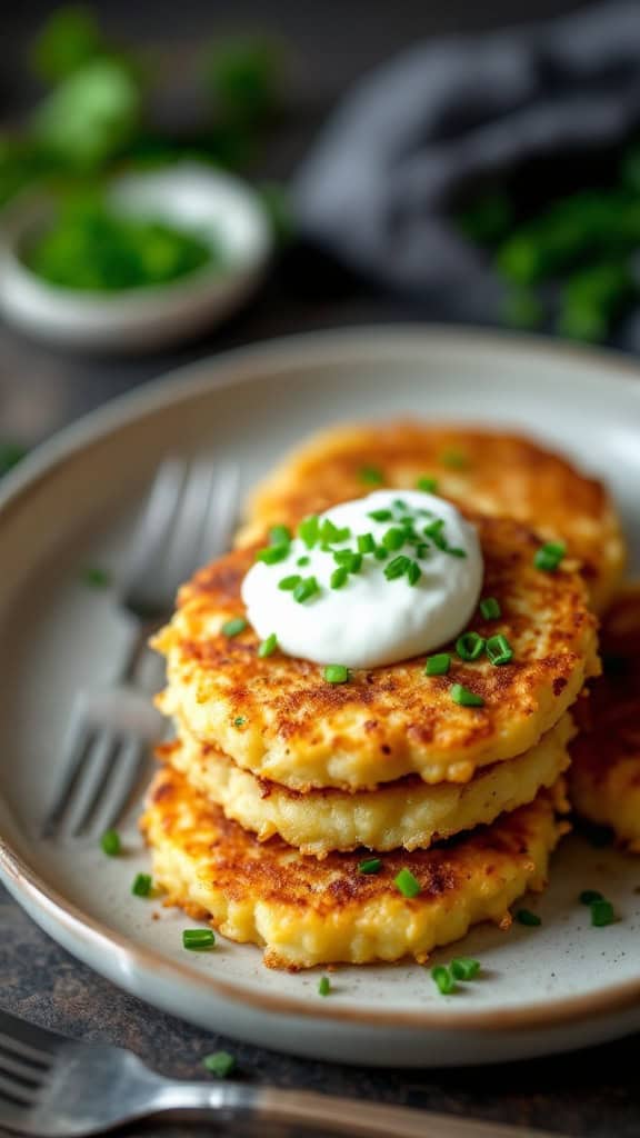 A plate of golden brown Irish potato cakes topped with sour cream and chopped chives.
