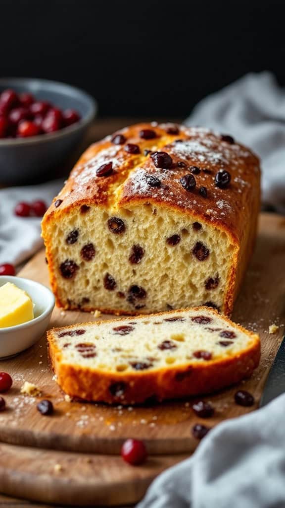 A loaf of Irish soda bread with raisins, sliced, on a wooden board with a small dish of butter.