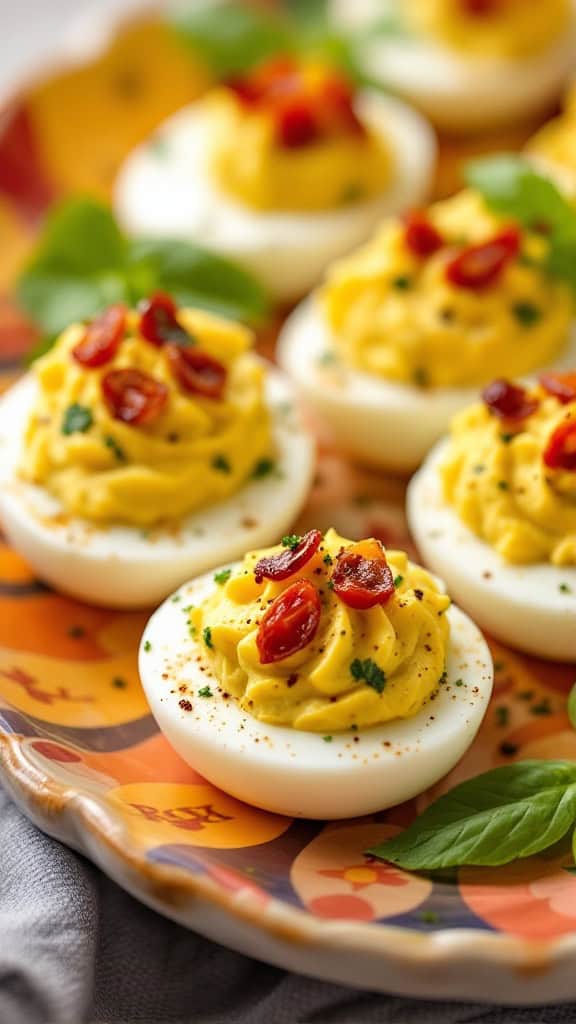 A colorful platter of Italian-style deviled eggs topped with sun-dried tomatoes and fresh basil.