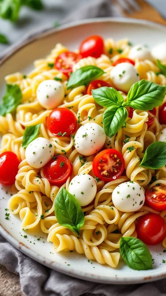 A bowl of Italian caprese pasta salad with cherry tomatoes, mozzarella, and fresh basil.