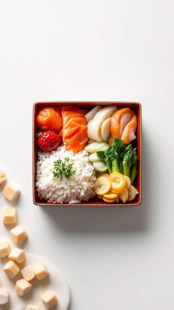 An arranged Japanese bento box featuring rice, salmon, vegetables, and a strawberry.
