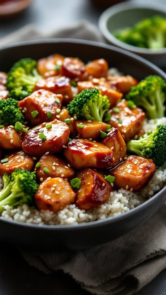 A bowl of Japanese teriyaki chicken with broccoli served over rice.