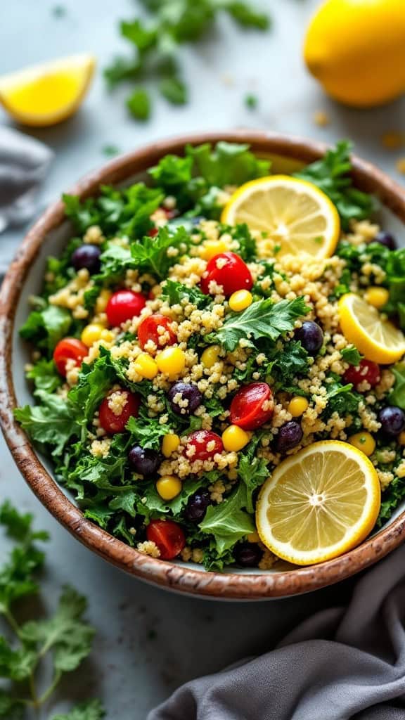 A bowl of kale and quinoa salad with lemon slices, cherry tomatoes, and corn.