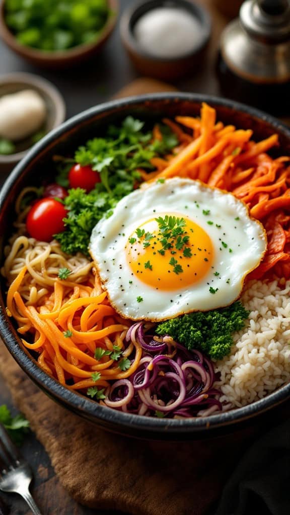 A bowl of Korean bibimbap with rice, vegetables, and a fried egg