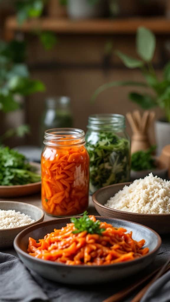 A variety of colorful Korean fermented foods including pickled vegetables and rice.