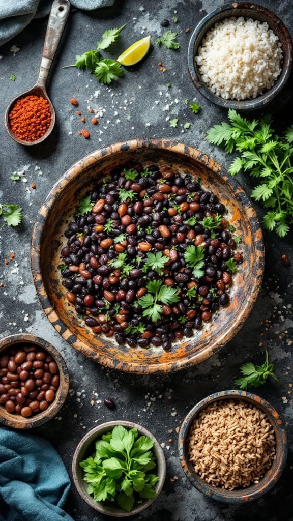 A bowl of black beans topped with fresh cilantro, surrounded by bowls of brown rice, other beans, and spices on a table.