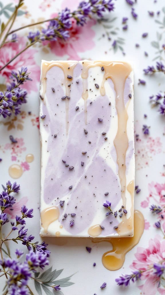 Lavender honey bark on a floral background with lavender sprigs and honey drizzle