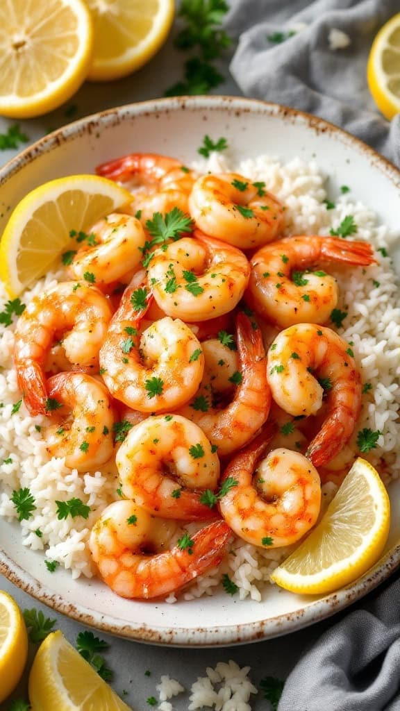 A plate of lemon garlic butter shrimp served over rice with lemon slices and parsley.