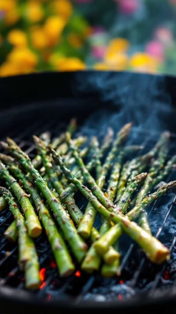 Grilled asparagus on a barbecue grill