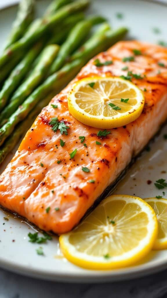 Grilled salmon with lemon slices and asparagus on a plate.
