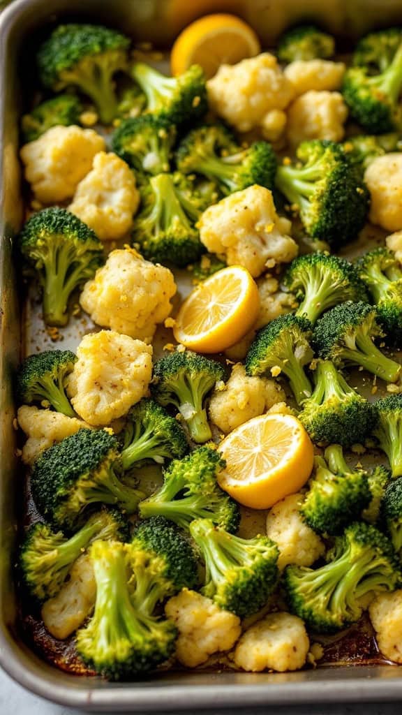 A tray of roasted broccoli and cauliflower with lemon slices, showcasing vibrant greens and soft, golden florets.
